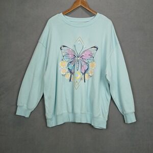Rebellious One Sweatshirt Womens 2X Turquoise Fleece Lined Graphic Butterfly
